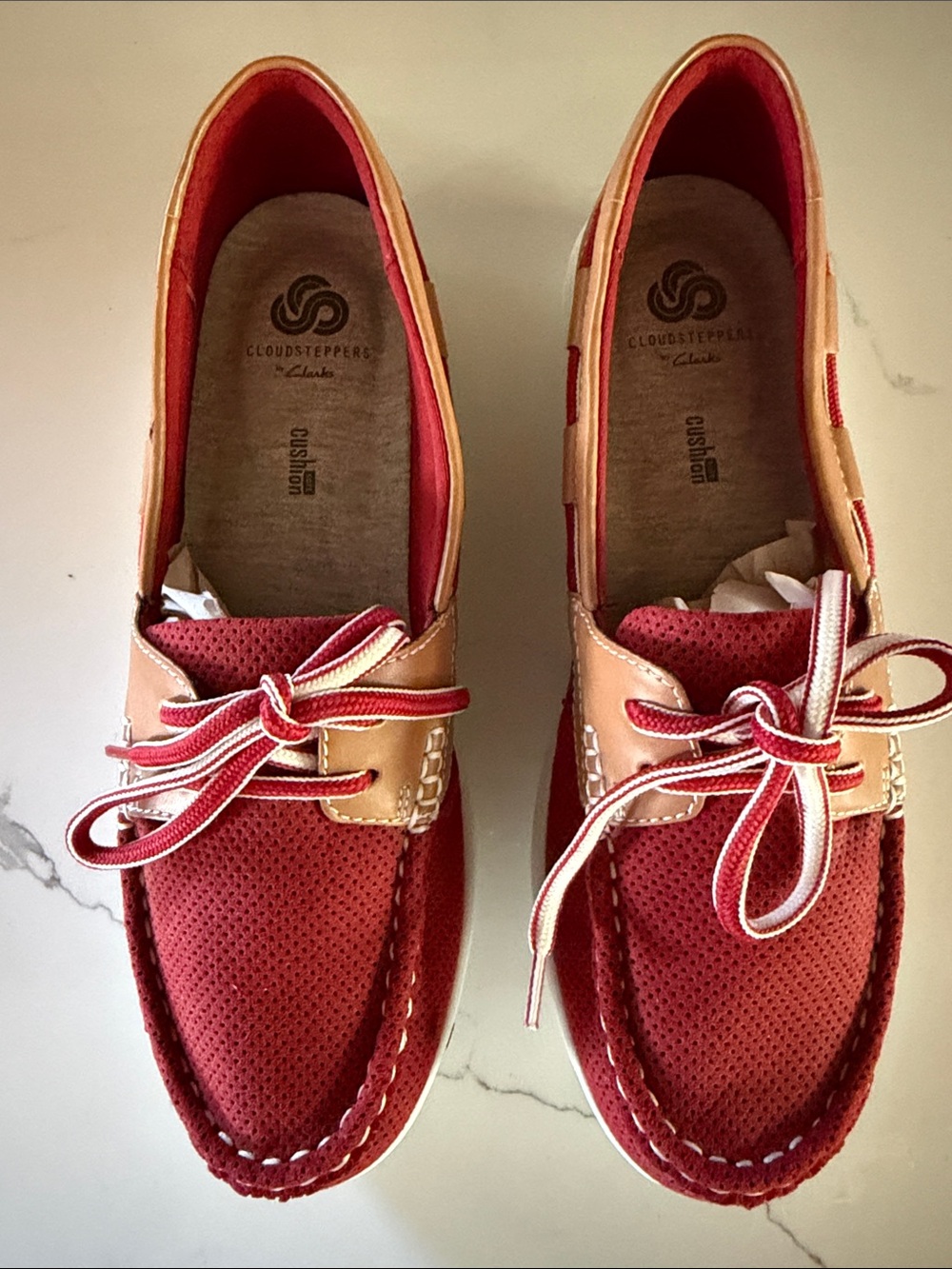 Clarks Cloudsteppers Jocolin Vista Boat Shoes in Red w/Tan Leather, LIKE NEW 8 - Picture 3 of 8